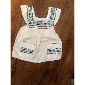 White Embroidered Baby Dress Square Neck Smocked Bodice Pockets Mexican‎ style